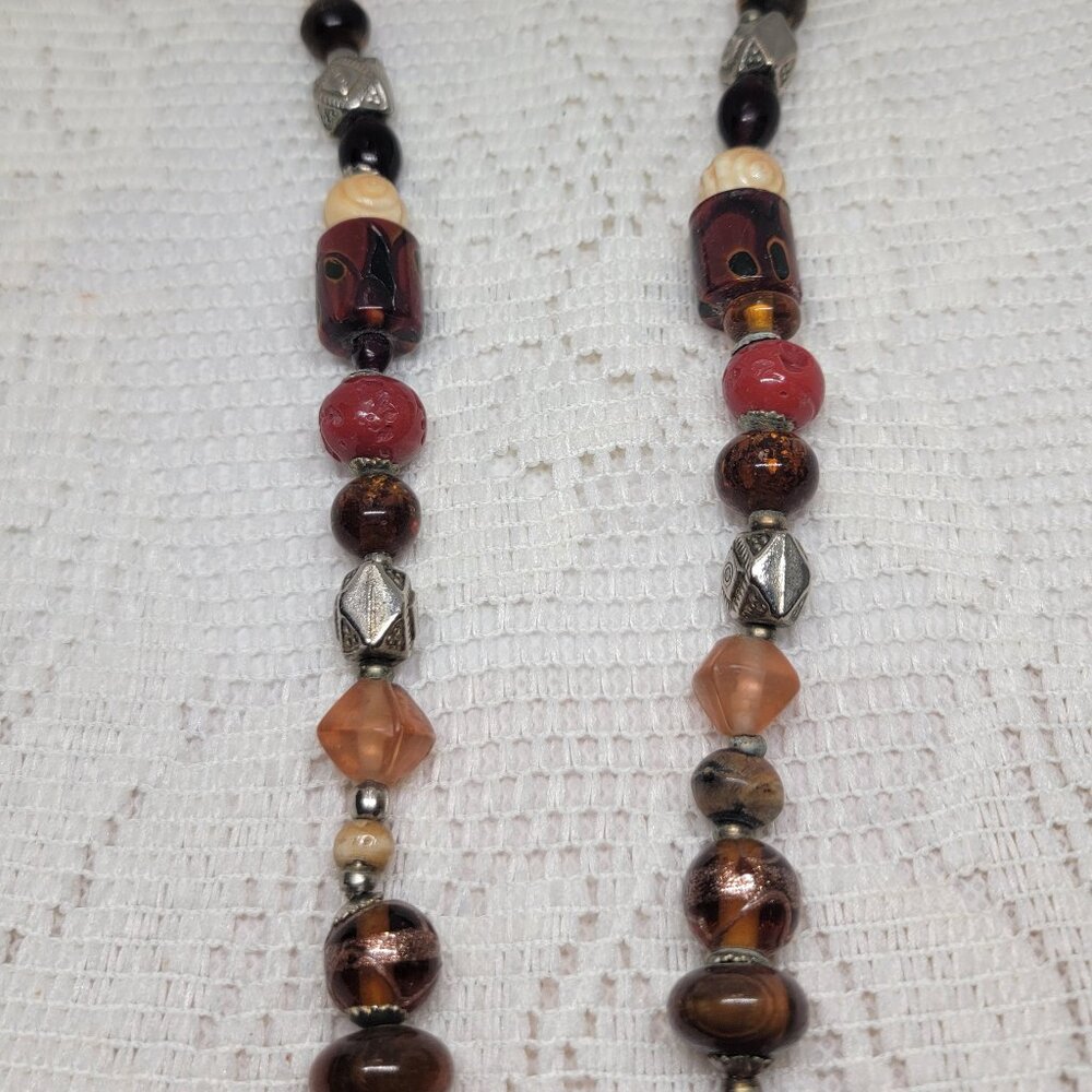 Vintage Multi‑Strand Beaded Necklace Stone Carved Pendant Wood Beads 17" - Picture 4 of 12